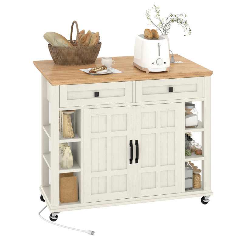  45" Kitchen Island With Drop Leaf & Power Outlet, Mobile Cart With 360° Casters, Storage Drawers For Kitchen Prep, White