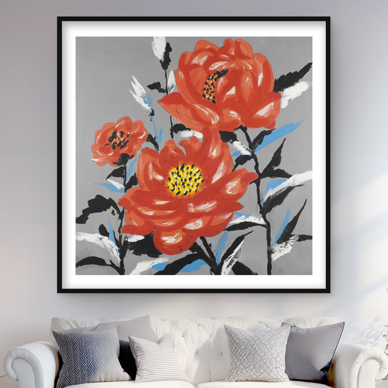 «Three Pink Flowers - Contemporary Botanical», reproduction encadrée, H 48 po x l 48 po, Noir