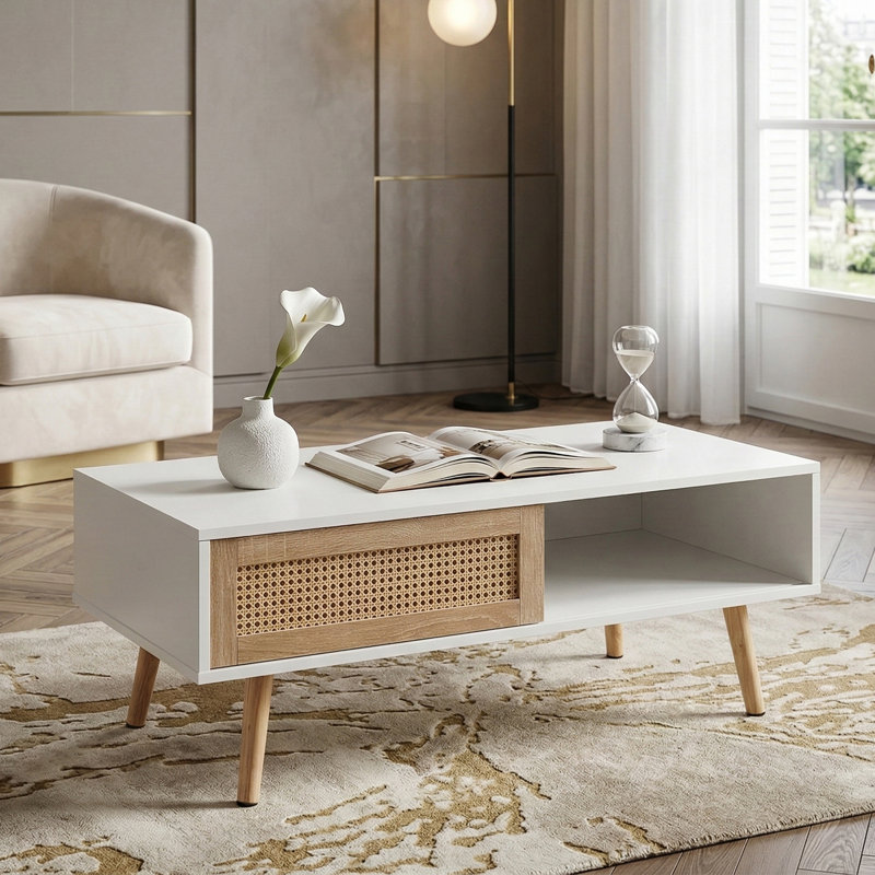 Table d'appoint avec rangement, 105 cm (41,34 po), en MDF blanc et rotin, style moderne.