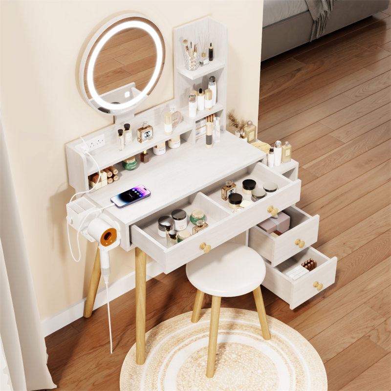 Round Mirror Bedside Cabinet Vanity Table + Cushioned Stool