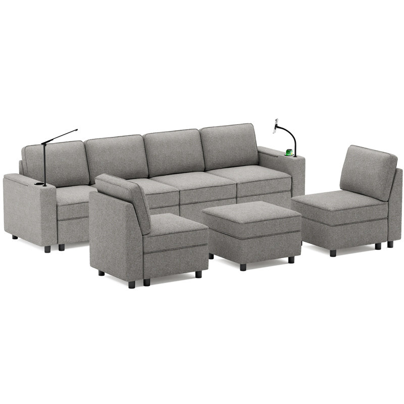 Canapé modulaire en U de 8 pièces avec support et repose-pieds Miramare, Mélange de polyester gris tourterelle
