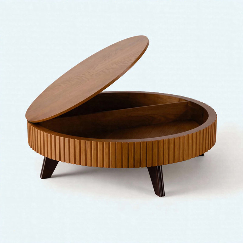 Table basse ronde rétro de 39,37 po avec tablette de rangement ouverte pour le salon, le bureau et la réception, Naturel