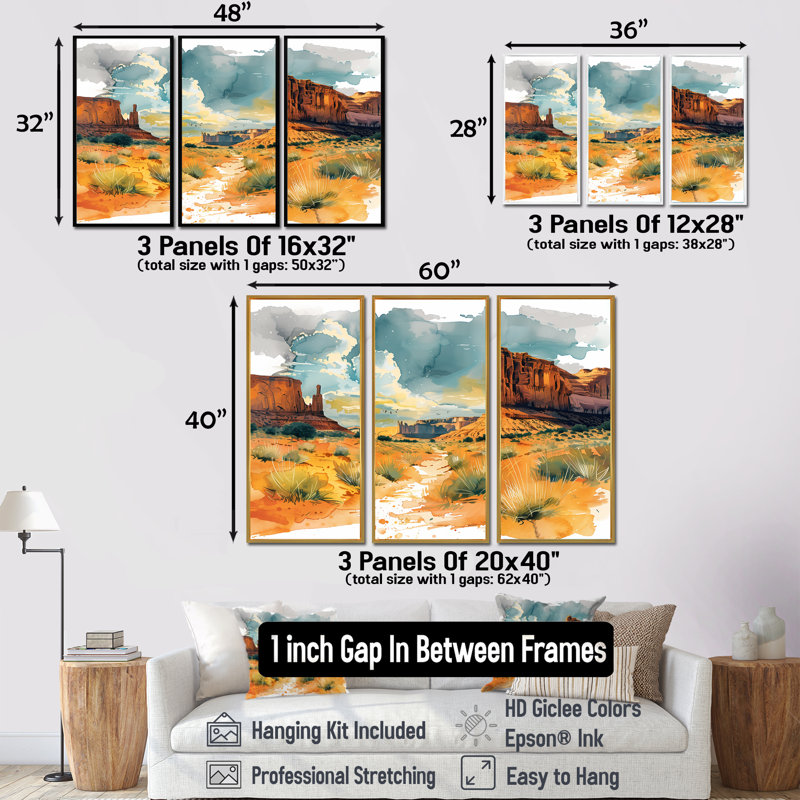 Marthella - Ensemble d'art mural Canyon, H 28 po x l 12 po x P 1 po, Toile naturelle avec cadre flottant