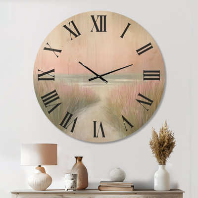 Horloge murale ronde Blush Dune Path - Plage, imprimée sur bois