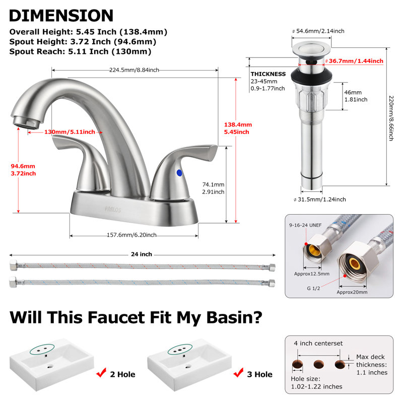 Centerset 2-handle Bathroom Faucet with Drain Assembly, Brushed Nickel