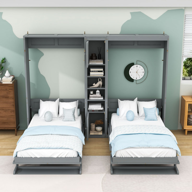 Lit escamotable simple et simple en bois avec armoires et tablettes, gris