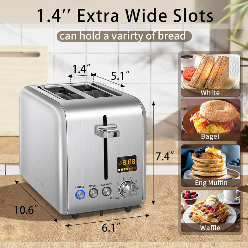 Toaster 2 Slice, Stainless Steel Bread Toaster LCD Display, 7 Bread Shade Settings, 1.4'' Wide Slots, Silver