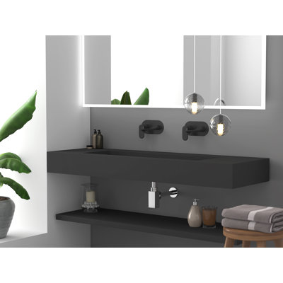 Pyramid 60" Wall Mounted Rectangular Solid Surface Bathroom Trough Sink in Matte Finish - Black, No Faucet Holes