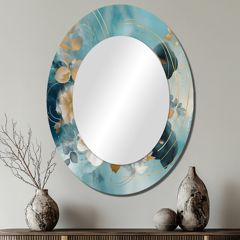 Miroir décoratif floral ovale sur marbre bleu et floral doré IV, 40 po x 30 po