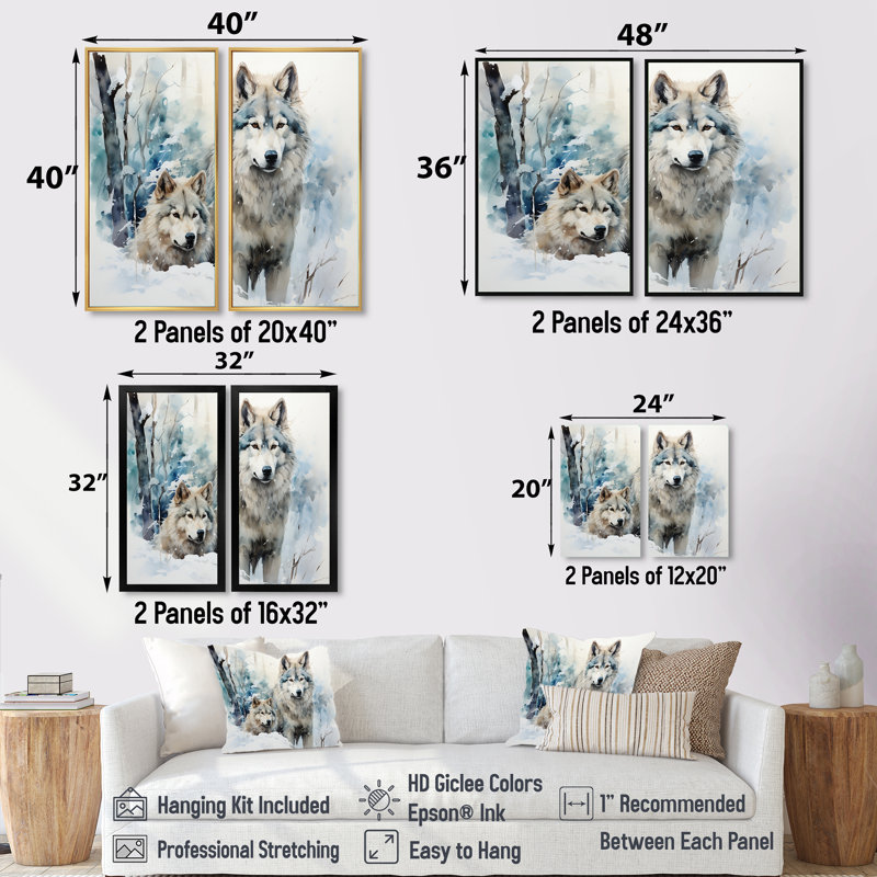 Neige loups en hiver - loup, reproduction d'art sur toile, animaux gris, ensemble de 2, H 40 po x l 40 po, Blanc