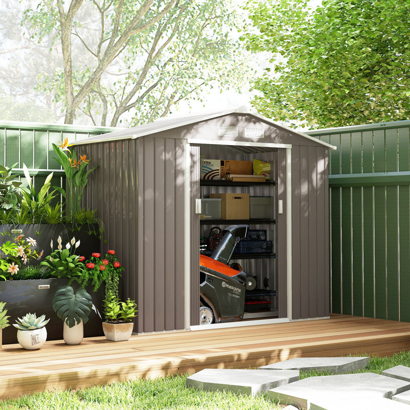 Outsunny 7 x 4ft Metal Garden Shed Waterproof Galvanised Apex Roof Grey