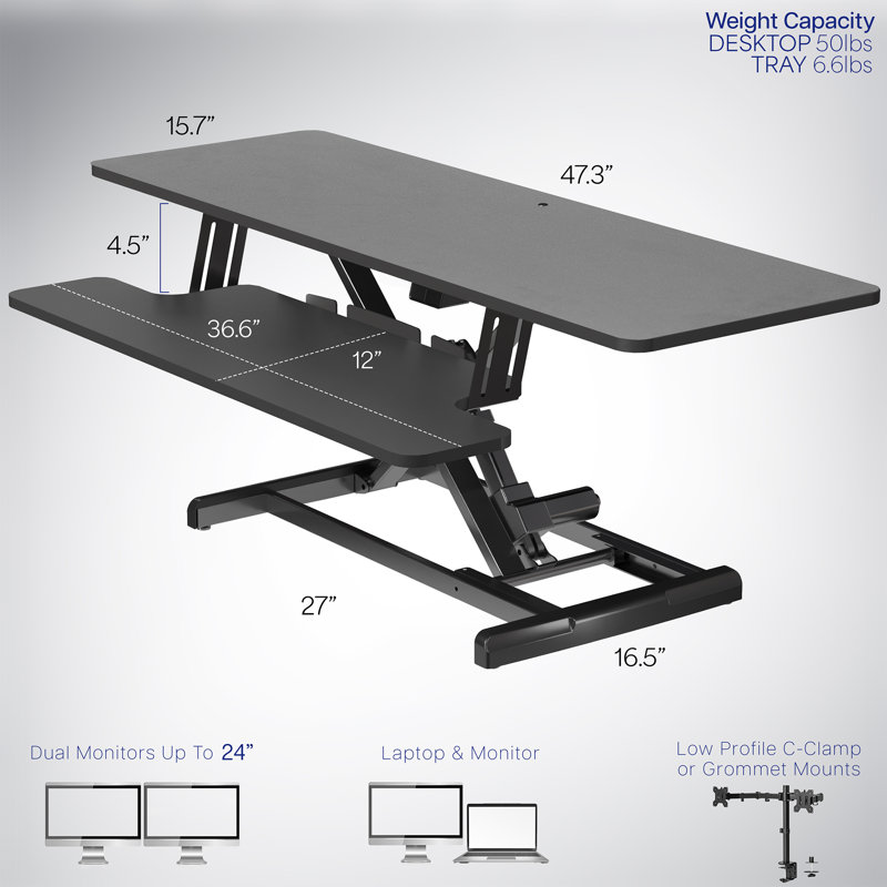 Support pour écran de bureau debout réglable en hauteur VIVO 48 ", L 47,3 po x P 15,7 po, Noir