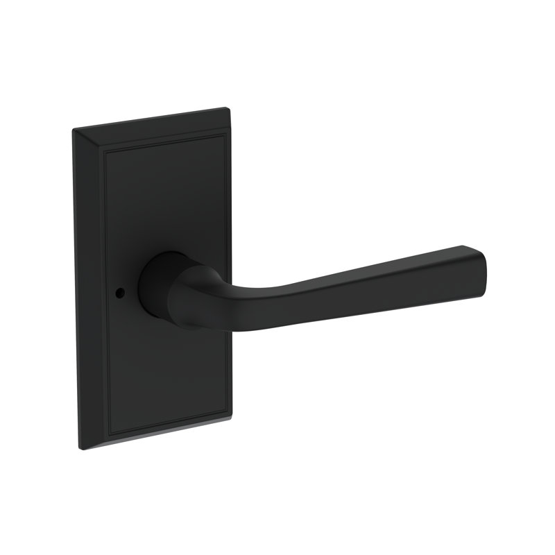 Kinsella Privacy Lever with Chamfered 5in Rose in Lifetime (PVD) Polished Brass, Matte Black