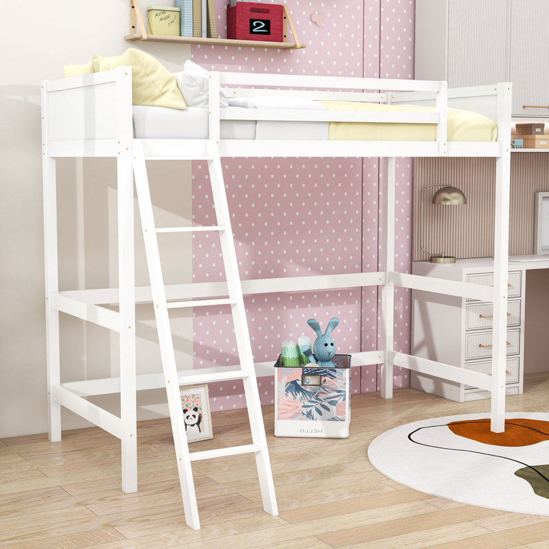 Twin Wood Loft Bed with Sturdy Ladder and Guardrails