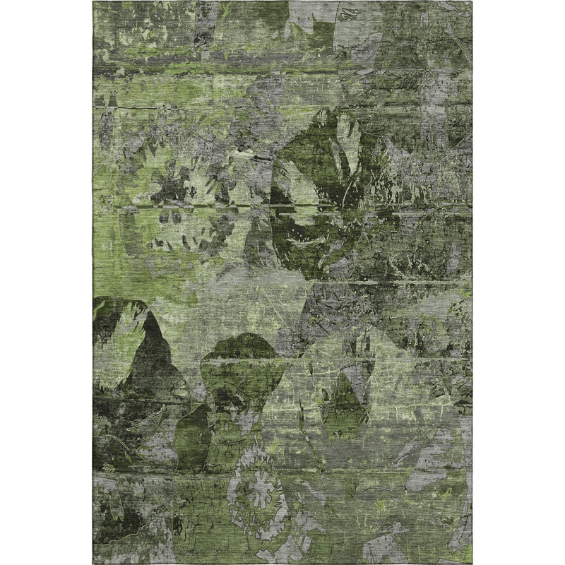 Premium Machine Washable Cerrito AMF555 Green Rug, Rectangle 2'6" x 3'10"