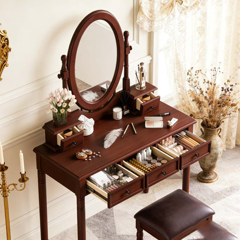 Ensemble de coiffeuse avec miroir à angle réglable, ensemble de coiffeuse et tabouret rembourré