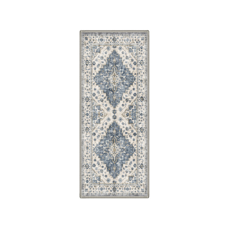 Medallia Vintage Blue / Beige Indoor Floral Area Rug,Machine Washable,with Non-Slip Backing, Runner 2' x 6'