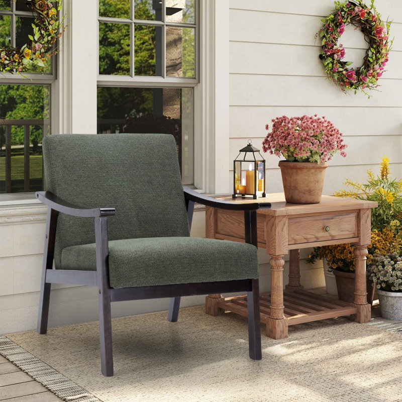 Fauteuil à dossier haut d'inspiration médiévale, revêtement en polyester vert antique avec pieds en bois massif 1 pièce, 1