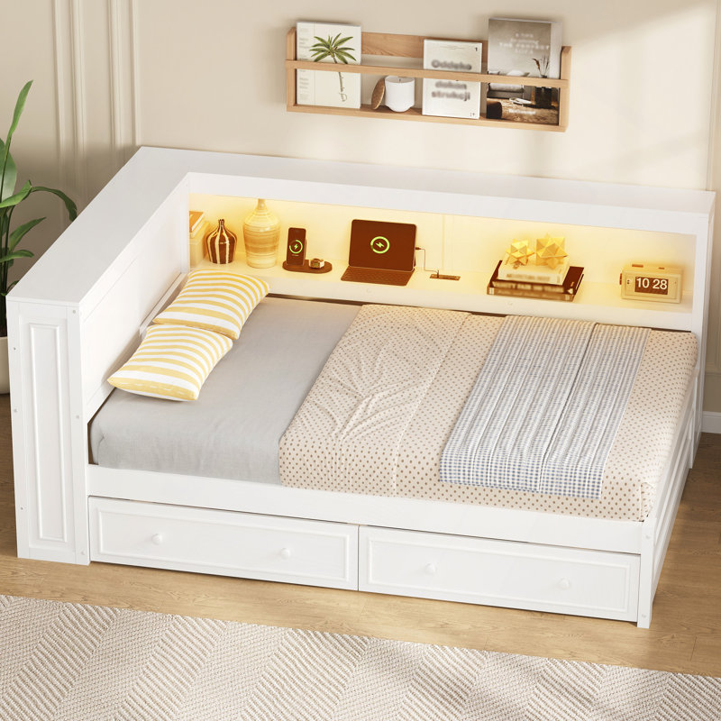 Wood Daybed With Storage Shelves, USB, LED, And 2 Drawers, White