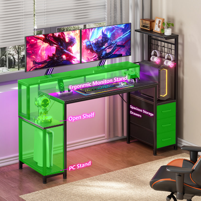 55"W Gaming Desk With Recessed Power Outlets,computer Desk With 3-tier Fabric Drawers, Gaming Desk With Cpu Stand And Led Lights,home Office Desk With Spacious Storage Shelf And Versatile Hooks