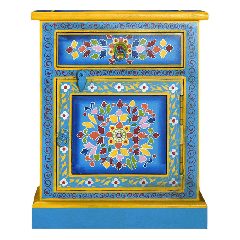 Armoire de chevet Francee bois de manguier massif turquoise peint à la main, Bleu
