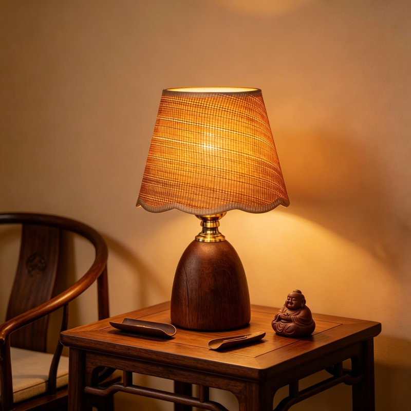 Lampe de table en noyer massif avec abat-jour tissé à intensité variable - Lampe de chevet moderne de style Mid-Century pour table de chevet ou salon, avec ampoule DEL E26