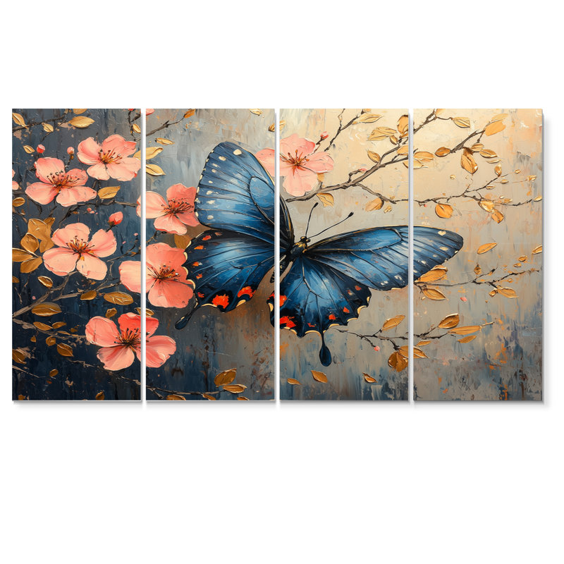 Ensemble de salon art mural papillon bleu sur une branche de cerisier en fleurs doré I, H 32 po x l 64 po