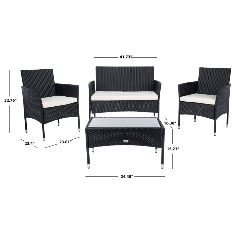 Ensemble de patio 4 pièces en rotin avec coussin, Cadre noir / coussin blanc