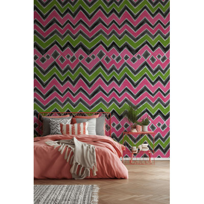 Papier peint à motif géométrique à motif de chevrons rose, vert et gris