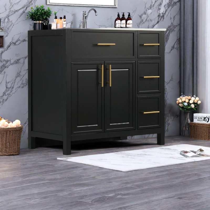 Élégante coiffeuse 36 po avec lavabo en céramique, armoire en bois massif pour salle de bain moderne