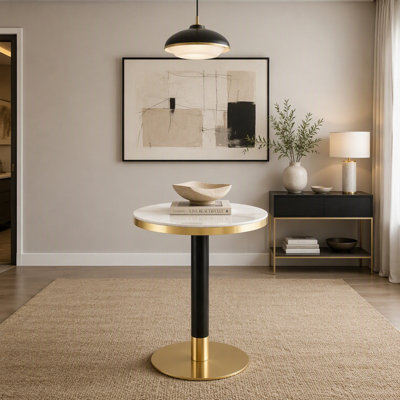Table de bistro ronde avec plateau en marbre brillant UV et bordure en acier inoxydable foncé