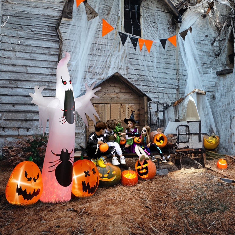 Fantôme gonflable géant de 3,6 m avec araignée et citrouille, décoration lumineuse extérieure avec ventilateur intégré, piquets et cordes pour jardin, pelouse et fête d'Halloween