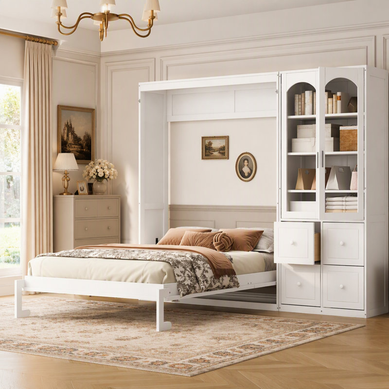 Lit escamotable avec armoire latérale réversible, portes en acrylique, quatre tiroirs et tablettes de rangement multiples pour un rangement optimal et un gain de place.
