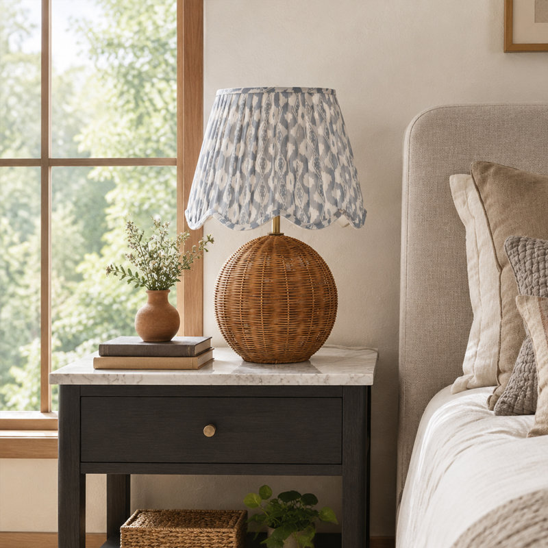 Rattan Table Lamp with Pleated Fabric Shade, Blue