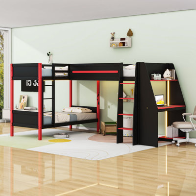 Lit superposé simple en forme de L simple au-dessus d'un lit simple et lit simple avec loft de jeu, bureau intégré, tablettes et éclairage DEL