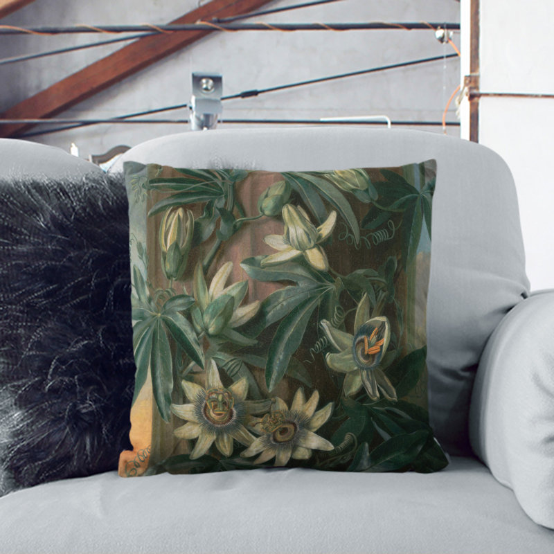 Blue Passion Flower Square Throw Cushion, Stone, 40cm H x 40cm W x 15cm D
