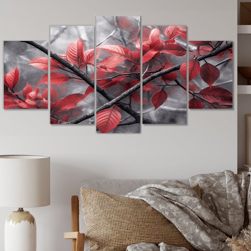 Feuilles rouges et grises sur arbre III - décoration murale florale - 5 panneaux