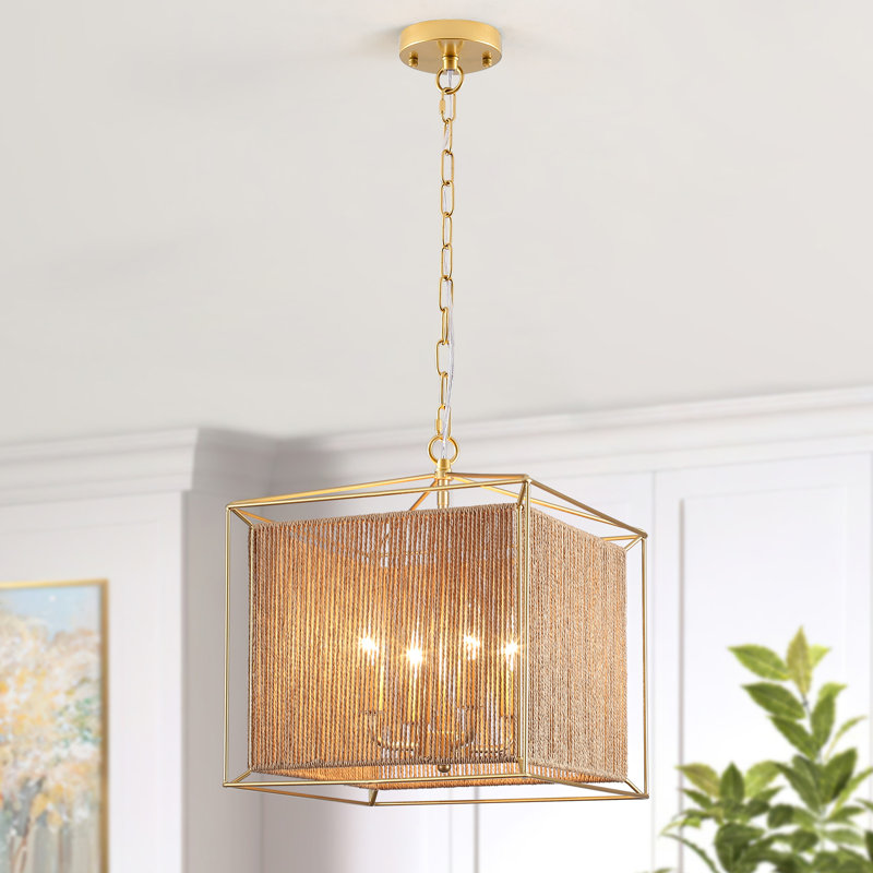 Lustre 4 lumières Coastal Boho Rattan avec abat-jour tissé à la main pour îlot de cuisine