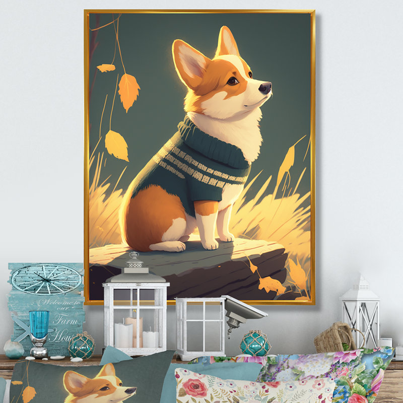 «Cute Little Corgi Dog», reproduction sur toile, L 16 po x H 32 po, Cadre flottant doré