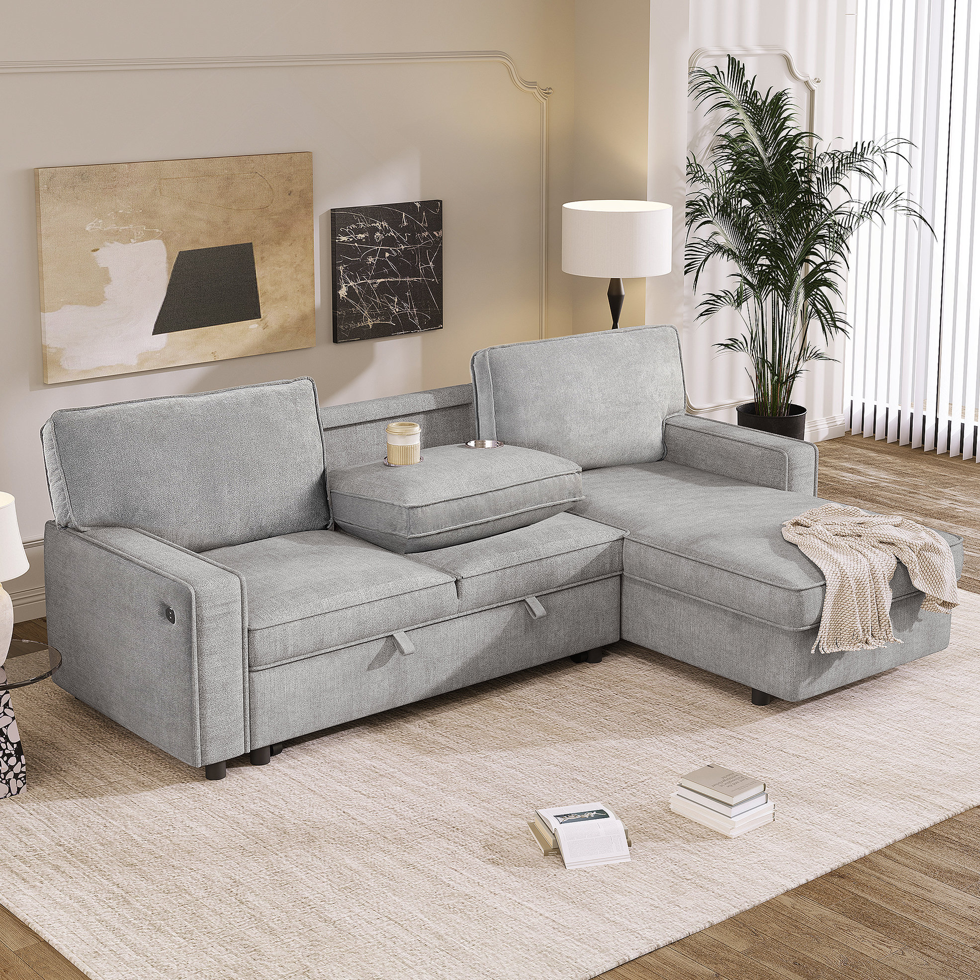 Latitude Run® Upholstery Sleeper Sectional Sofa with Storage Space, USB ...