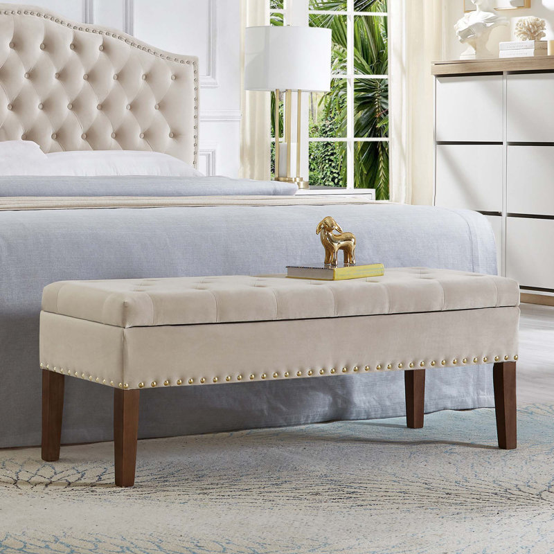 Tufted Bench with Storage, Taupe