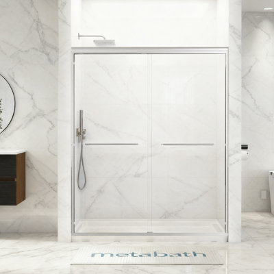 56 à 60 po X P 72 po H Porte de douche coulissante double semi-sans cadre (6 mm) en verre trempé transparent et film de sécurité