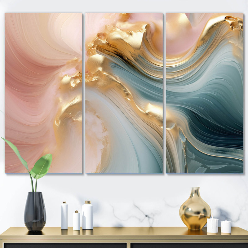 Abstrait, art mural sur toile, décor de vagues fluides bleues et or exquises symphonie liquide or rose bleu