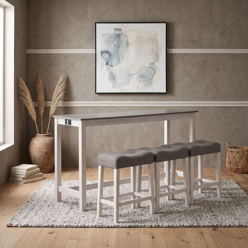 Ensemble de table de bar rustique 4 pièces avec station de recharge intégrée et tabourets de bar rembourrés de style selle