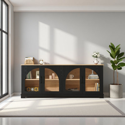 Meuble télé Farmhouse avec portes en verre semi-arquées pour téléviseur de 70 po ou moins, console multimédia élégante à deux tons avec tablettes réglables, buffet en grain de bois avec gestion des câbles pour le salon