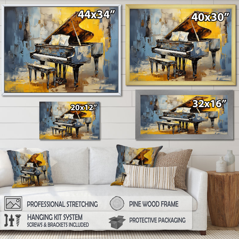 «Yellow and Blue Piano Jazzed Keys» - musique, art mural piano, Cadre flottant noir, H 30 po x l 40 po x P 1,5 po