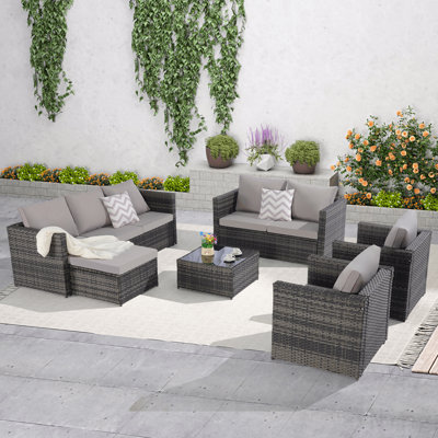 Ensemble de conversation pour canapé modulaire en rotin et osier 6 pièces avec table, coussins et coussins pour le jardin et la cour