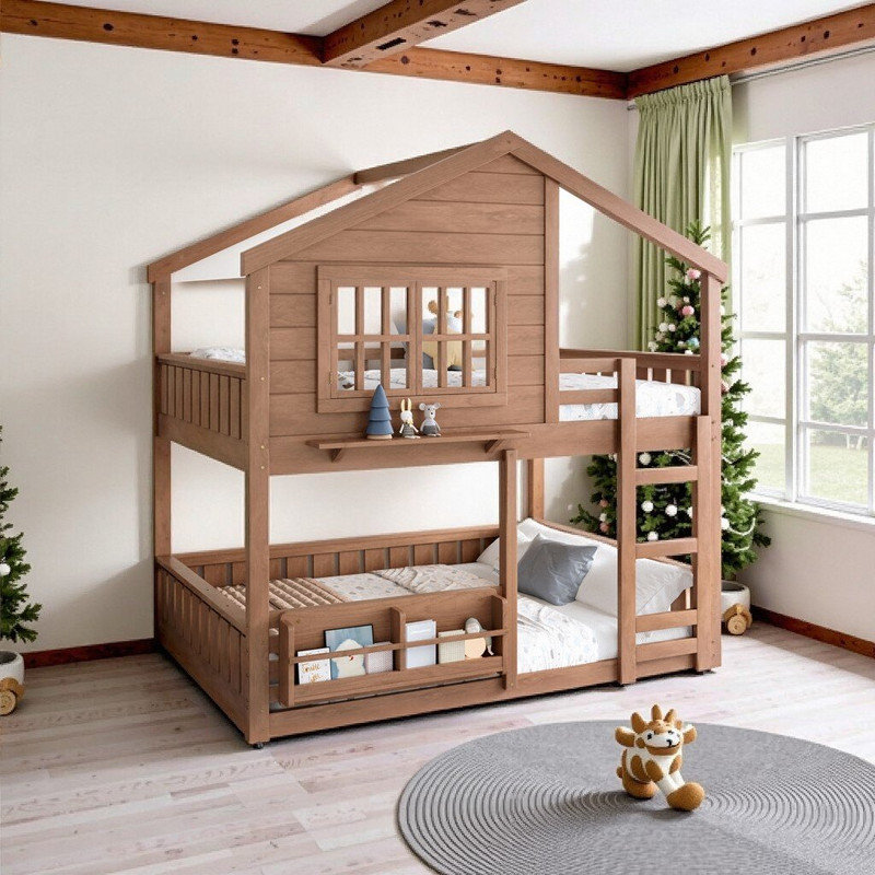 Lit mezzanine double en bois de pin avec bibliothèque et rails de sécurité, Naturel