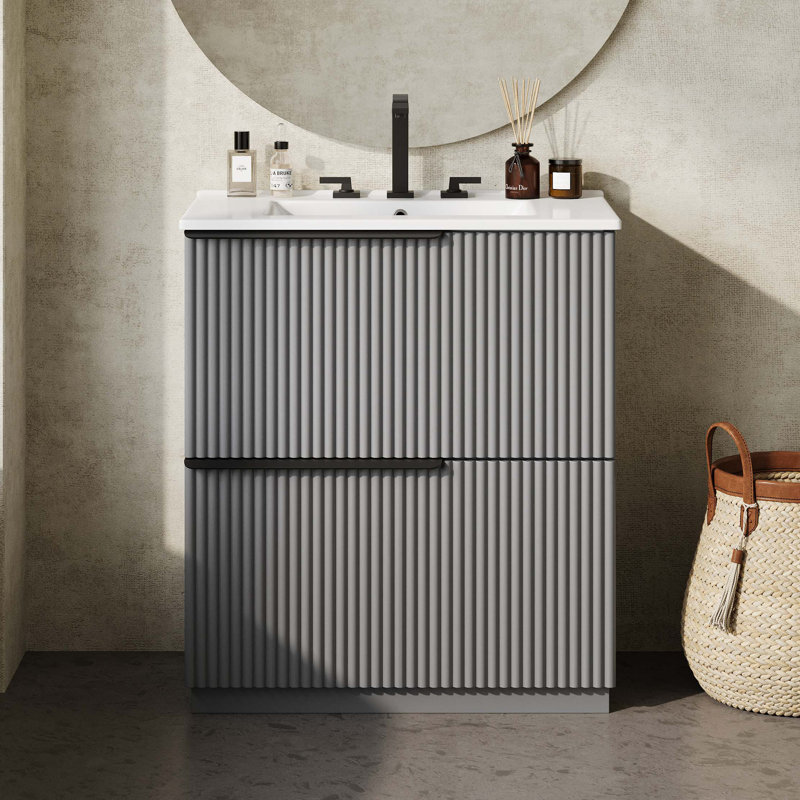 Meuble-lavabo autoportant de 30 po avec lavabo en céramique et tiroirs à extension complète, Gris