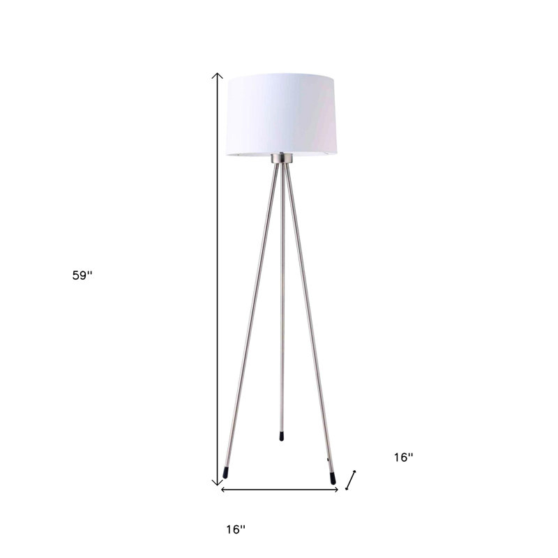 Lampe trépied argentée 59 "avec abat-jour tambour en tissu noir, Argent, Blanc